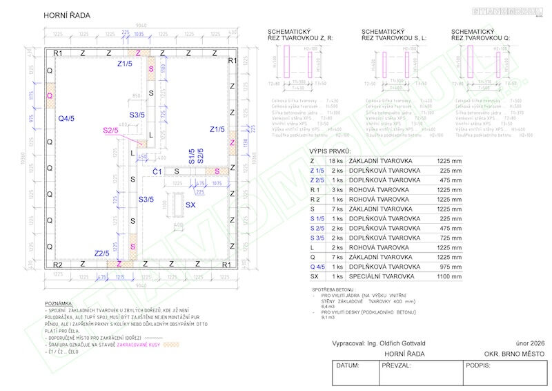 Kladečský plán pro horní část základů